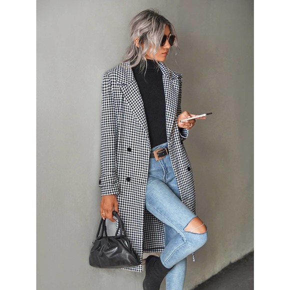 Houndstooth Lapel Collar Double Breasted Overcoat pea coat - Picture 3 of 8